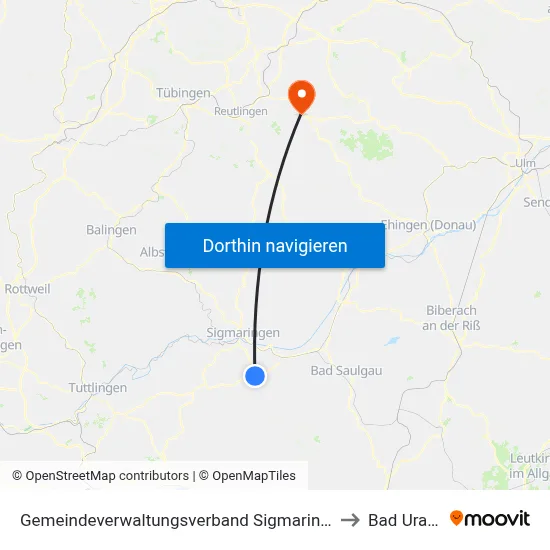 Gemeindeverwaltungsverband Sigmaringen to Bad Urach map