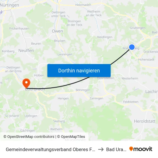 Gemeindeverwaltungsverband Oberes Filstal to Bad Urach map