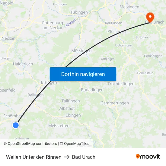 Weilen Unter den Rinnen to Bad Urach map