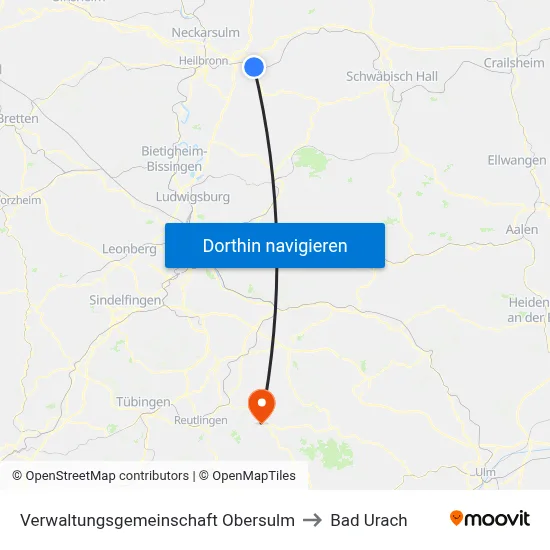 Verwaltungsgemeinschaft Obersulm to Bad Urach map