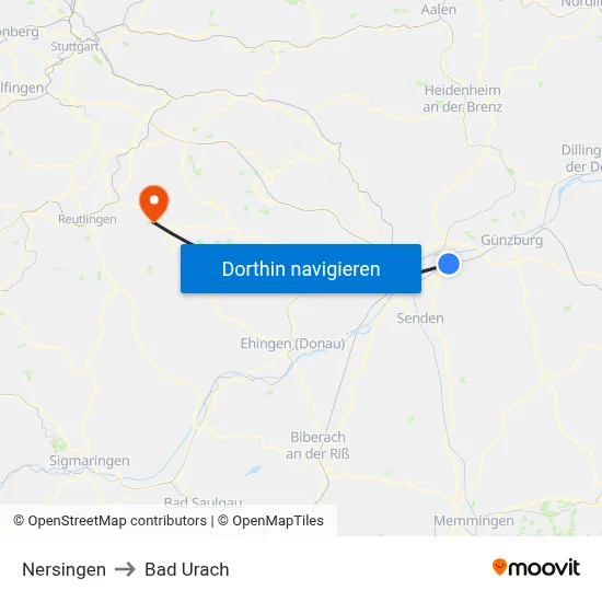 Nersingen to Bad Urach map
