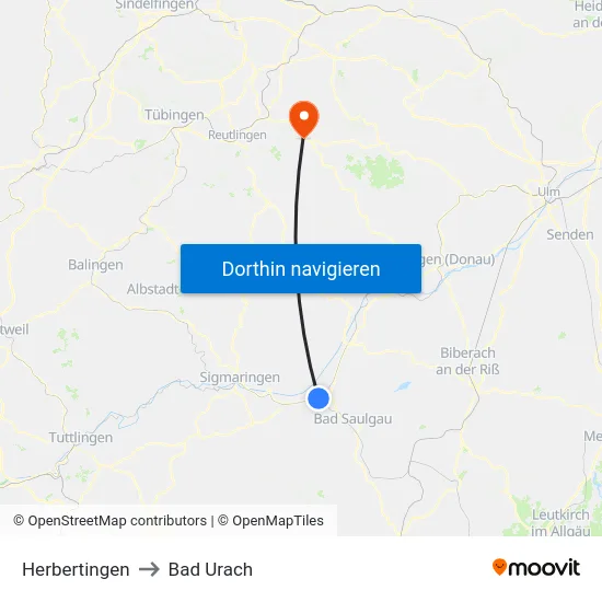 Herbertingen to Bad Urach map