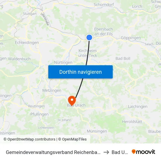 Gemeindeverwaltungsverband Reichenbach An Der Fils to Bad Urach map