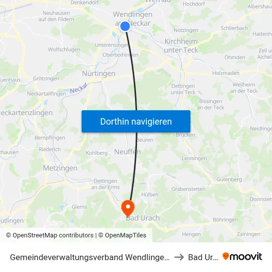 Gemeindeverwaltungsverband Wendlingen am Neckar to Bad Urach map