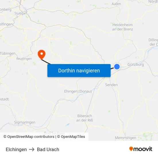 Elchingen to Bad Urach map