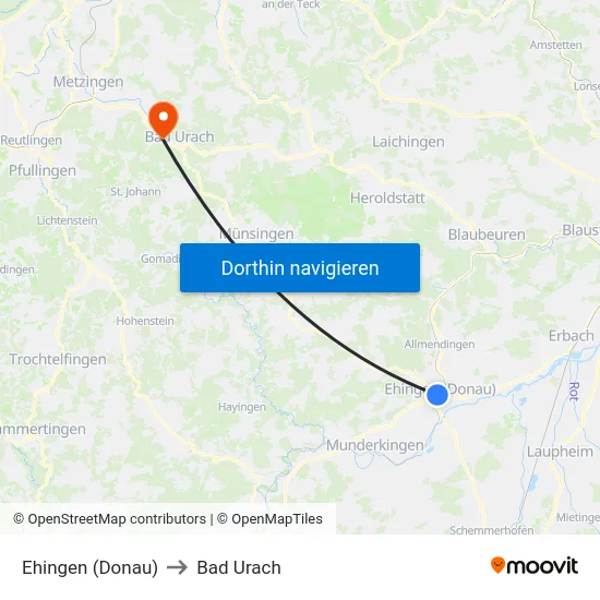 Ehingen (Donau) to Bad Urach map