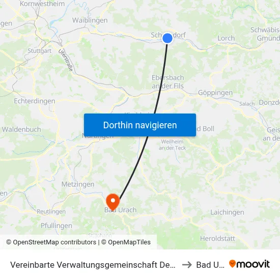 Vereinbarte Verwaltungsgemeinschaft Der Stadt Schorndorf to Bad Urach map