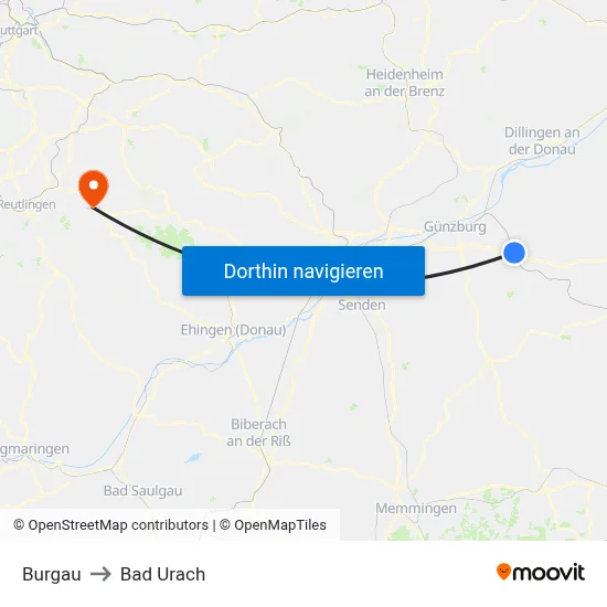 Burgau to Bad Urach map