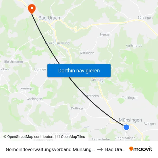 Gemeindeverwaltungsverband Münsingen to Bad Urach map