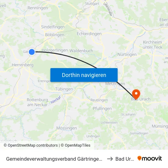 Gemeindeverwaltungsverband Gärtringen/Ehningen to Bad Urach map