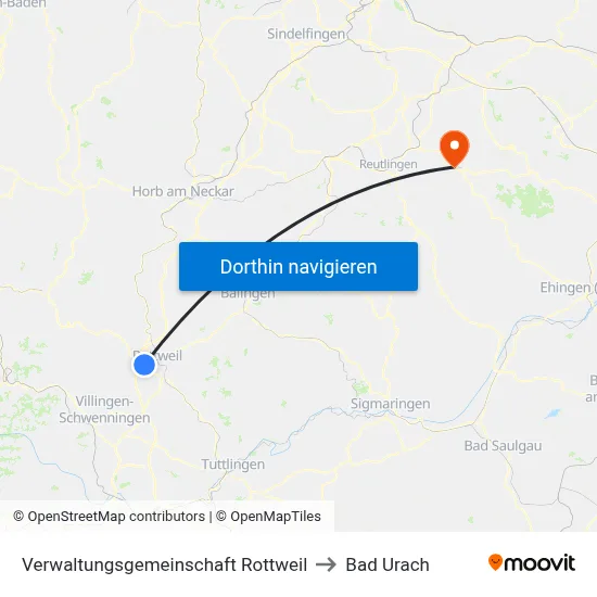 Verwaltungsgemeinschaft Rottweil to Bad Urach map