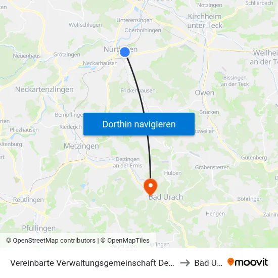 Vereinbarte Verwaltungsgemeinschaft Der Stadt Nürtingen to Bad Urach map