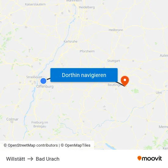 Willstätt to Bad Urach map