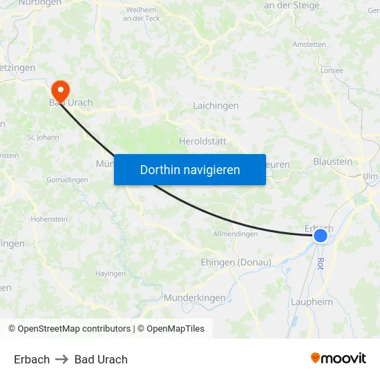 Erbach to Bad Urach map