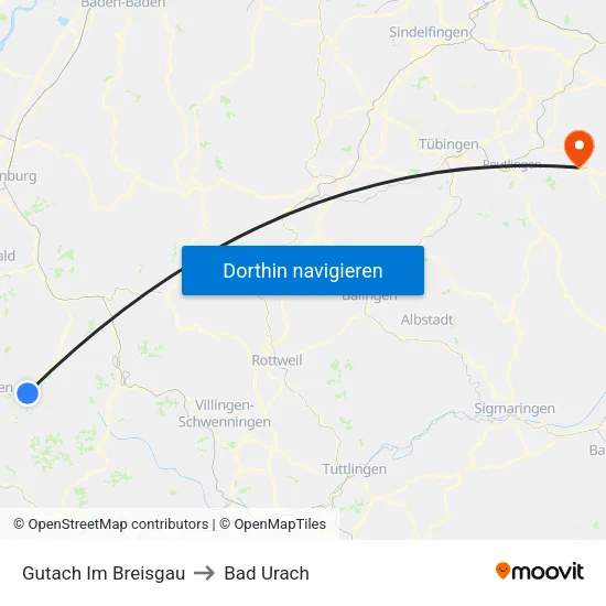 Gutach Im Breisgau to Bad Urach map