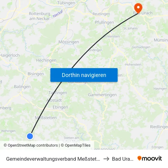 Gemeindeverwaltungsverband Meßstetten to Bad Urach map