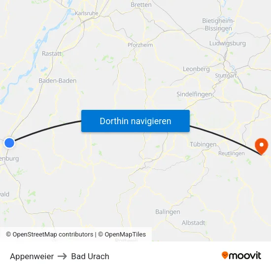 Appenweier to Bad Urach map