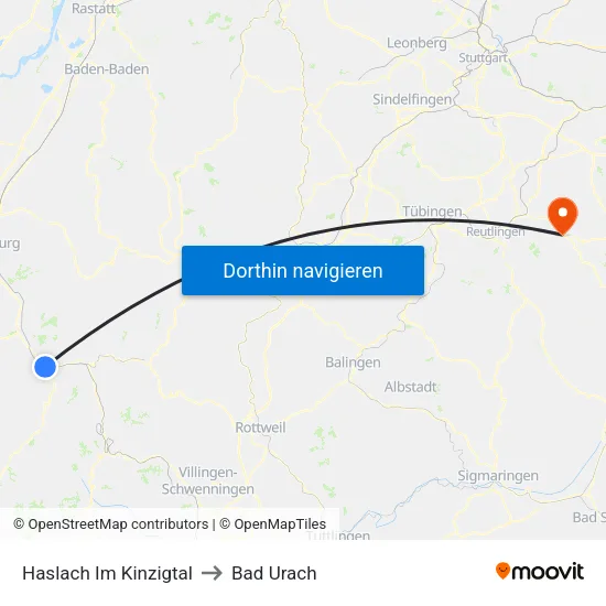 Haslach Im Kinzigtal to Bad Urach map