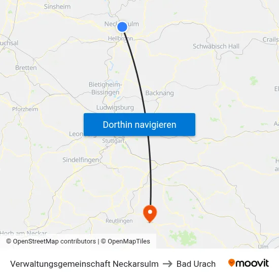 Verwaltungsgemeinschaft Neckarsulm to Bad Urach map