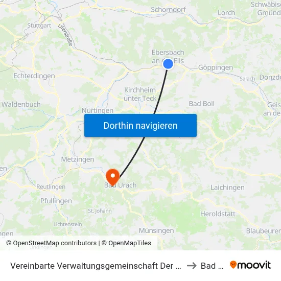 Vereinbarte Verwaltungsgemeinschaft Der Stadt Ebersbach An Der Fils to Bad Urach map