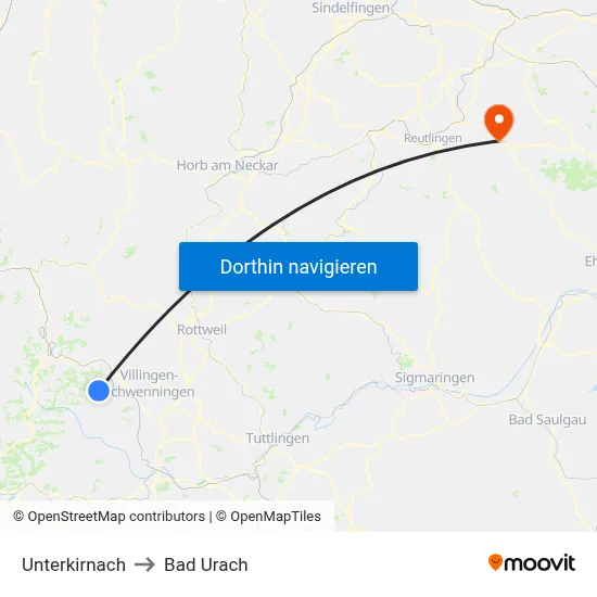 Unterkirnach to Bad Urach map