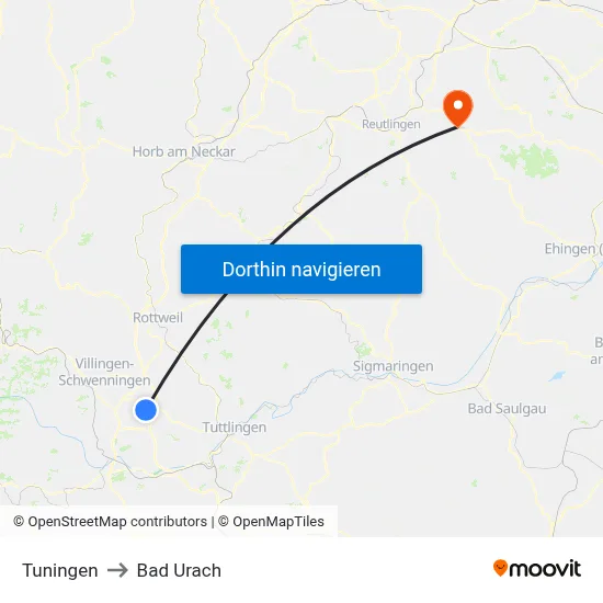 Tuningen to Bad Urach map