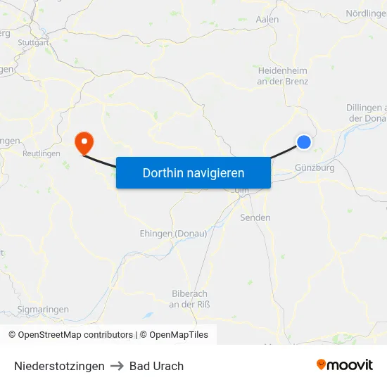 Niederstotzingen to Bad Urach map