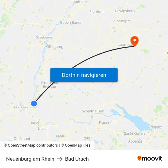 Neuenburg am Rhein to Bad Urach map