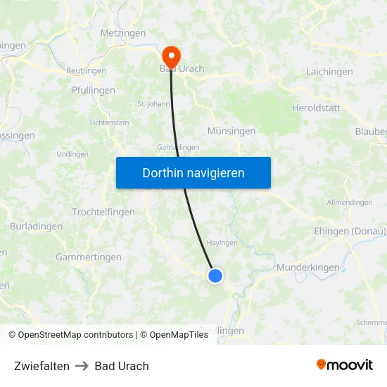 Zwiefalten to Bad Urach map