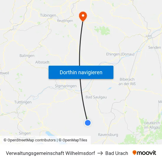 Verwaltungsgemeinschaft Wilhelmsdorf to Bad Urach map