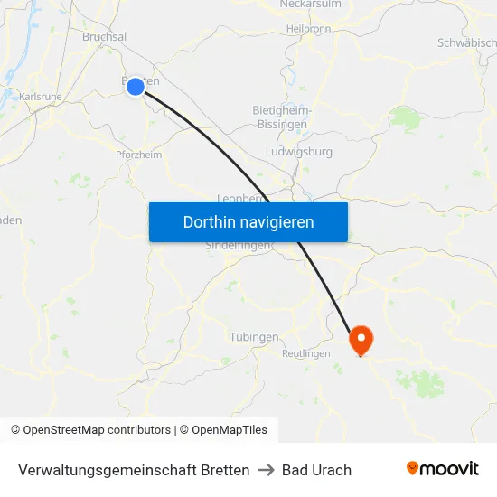Verwaltungsgemeinschaft Bretten to Bad Urach map