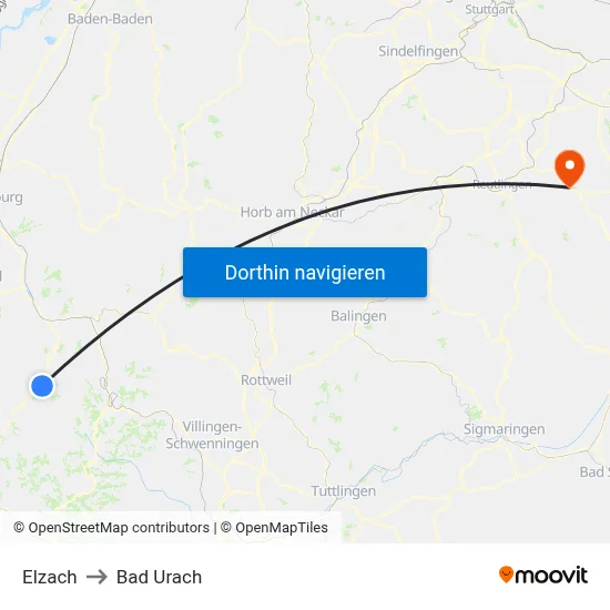 Elzach to Bad Urach map