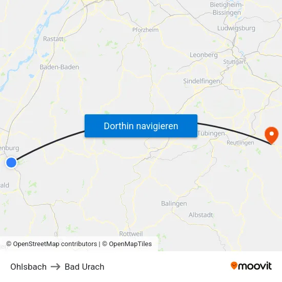 Ohlsbach to Bad Urach map