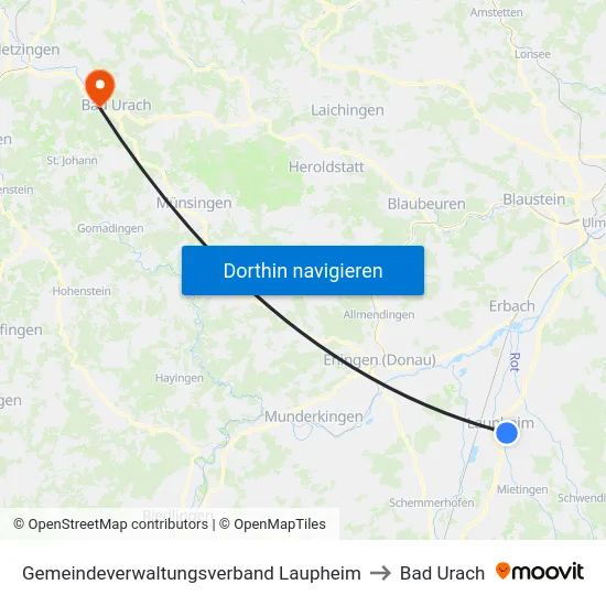 Gemeindeverwaltungsverband Laupheim to Bad Urach map