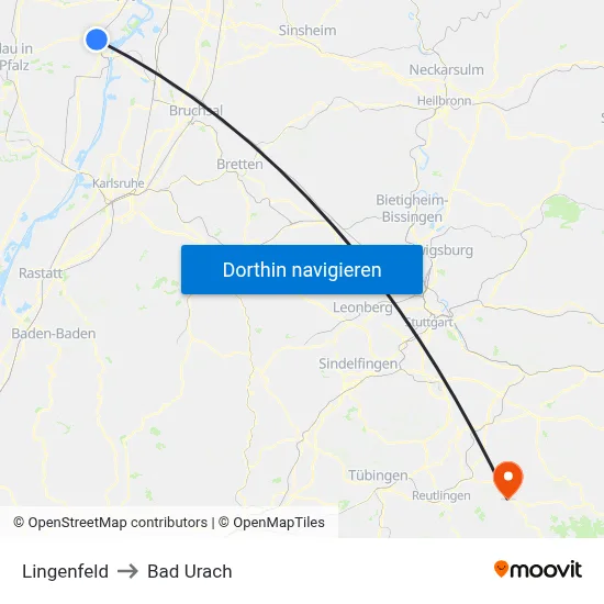 Lingenfeld to Bad Urach map