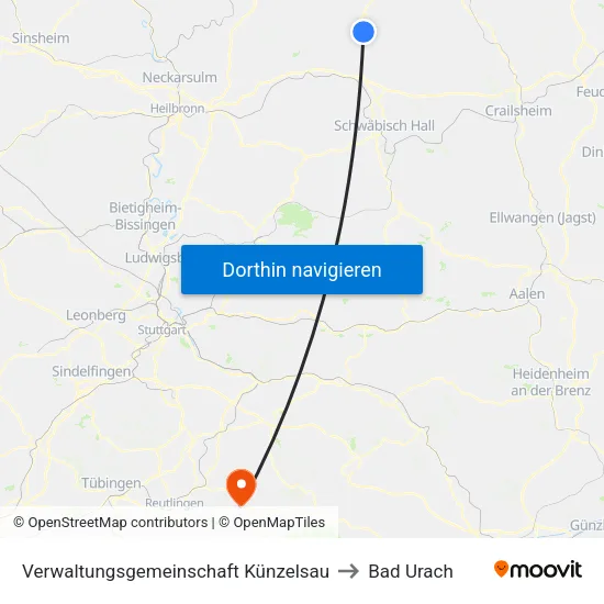 Verwaltungsgemeinschaft Künzelsau to Bad Urach map