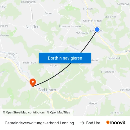 Gemeindeverwaltungsverband Lenningen to Bad Urach map