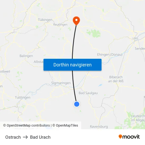Ostrach to Bad Urach map