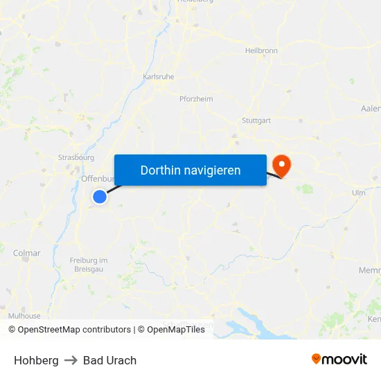 Hohberg to Bad Urach map