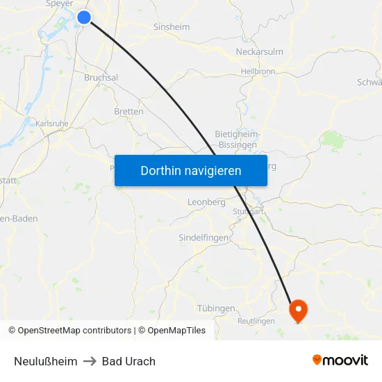 Neulußheim to Bad Urach map