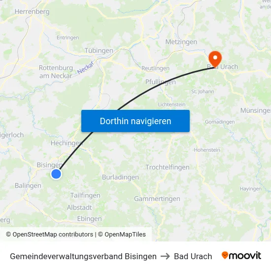 Gemeindeverwaltungsverband Bisingen to Bad Urach map