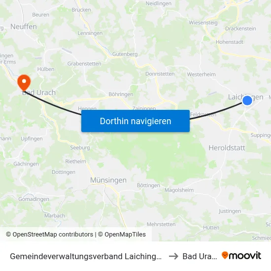 Gemeindeverwaltungsverband Laichinger Alb to Bad Urach map