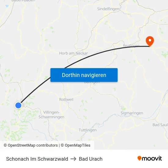 Schonach Im Schwarzwald to Bad Urach map