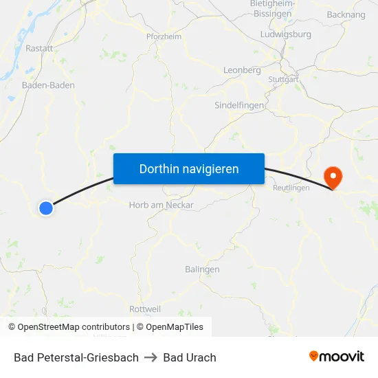 Bad Peterstal-Griesbach to Bad Urach map