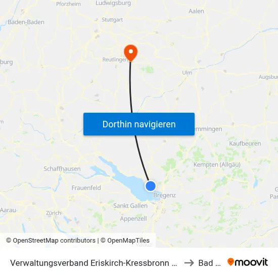 Verwaltungsverband Eriskirch-Kressbronn am Bodensee-Langenargen to Bad Urach map