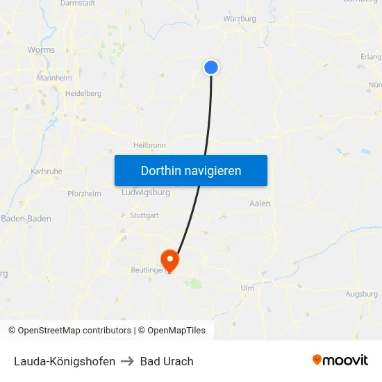 Lauda-Königshofen to Bad Urach map