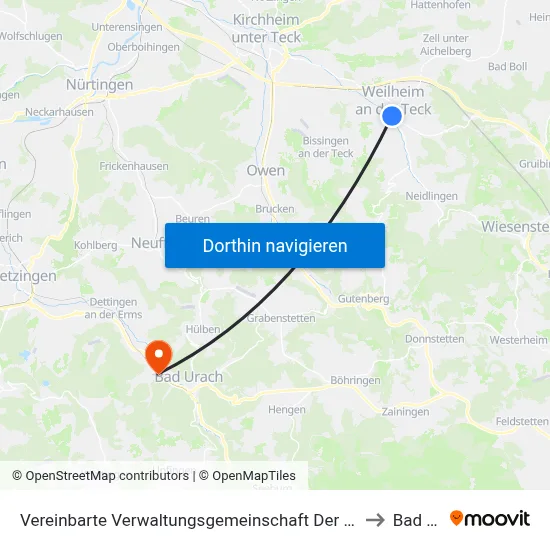 Vereinbarte Verwaltungsgemeinschaft Der Stadt Weilheim An Der Teck to Bad Urach map