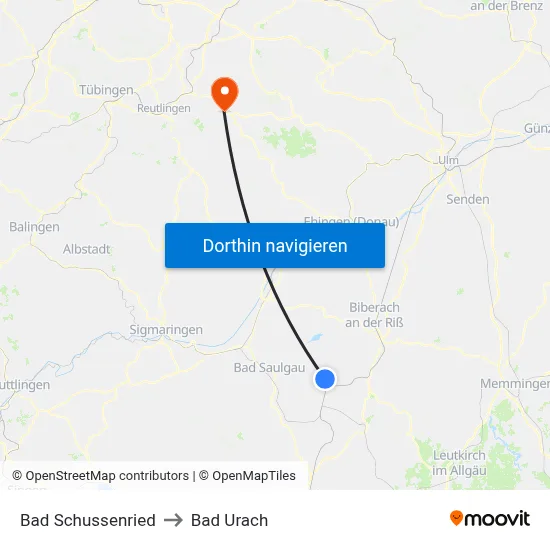 Bad Schussenried to Bad Urach map