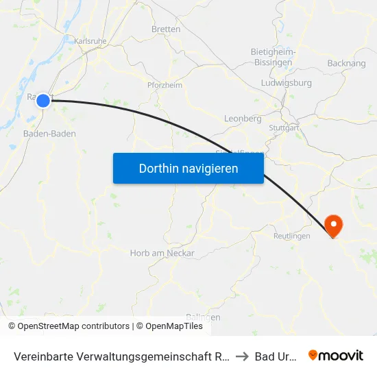 Vereinbarte Verwaltungsgemeinschaft Rastatt to Bad Urach map