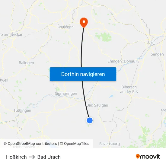 Hoßkirch to Bad Urach map